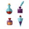 Potion bottles vector icons of witch magic elixir or alchemist poison. Evil wizard glass jars and magician flasks