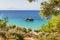 POTOS, THASSOS GREECE, 03 SEPTEMBER 2016 Small beach Potos in Greek island Thassos, with boat on sea on 03 september on Thassos