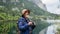 Potrait of active senior man hiking in autumn mountains.