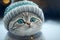 Potrait of a cute british short hair cat silver tabby in cold winter wearing warm knitted hat - Generative AI