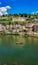 Potrait image of boat moving on Narmada river in Omkareshwar, Madhyapradesh, India