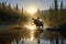 Potrait of moose on the river. With sunrise view