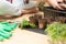 Pots filled with soil and seeds. In background mother and child preparing soil. At home gardening and learning botany