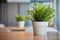 Pots of green plants in the office on the table. Blurred background with space for text.