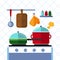 Pots and pans on a stove, Kitchen cooking flat vector concept background