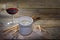 Potted blue stilton cheese in a ceramic jar, port wine and some