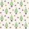 Potted Christmas trees and colorful gifts seamless pattern