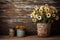 potted dried daisies on an antique wooden desk