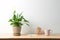 Potted peace lily plant, cup and notebook on wooden table near white wall