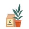 Potted plant and fertilizer package. Growing plant in the pot, using fertilizer. Agriculture and gardening. Sprout in the soil.