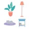 Potted plant lamp table books and cat icons