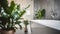 Potted plant placed near bathtub and glass shower cabin in sunlit modern bathroom at home, Generative AI