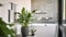 Potted plant placed near bathtub and glass shower cabin in sunlit modern bathroom at home, Generative AI