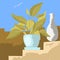 Potted plant and white vase on an ancient staircase, Summer sunny day