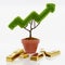 Potted plants with green graph shaped leaves of stock uptrend. Potted soil is gold coins. and gold bars placed on a white