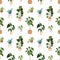 Potted plants pattern design. Seamless background with green-leaf houseplants in planters, flowerpots. Endless home