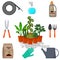 Potted plants surrounded by garden tools. Set of gardening tools, potting soil, various fertilizers in bottles. Vector illustratio