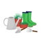 Potted plants, watering can, rubber boots and gardening tools