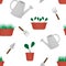 Potted plants, watering can and rubber boots. Seamless pattern.
