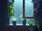 Potted Plants on a Window Sill in a Stormy Environment is Digitally Lofi Style Painted.