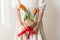 Potted tulips in the hands of a girl in a beige dress. Depersonalization. Congratulations on the holiday, mother`s day or