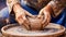 Potter creating matching ceramics on a wheel in a vibrant studio workshop environment