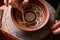 A potter paints a clay plate in a white in the workshop, top view, close-up, selective focus.