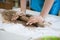 Pottering Ideas and Concepts. Extreme Closeup of Hands of Female Worker