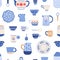 Pottery, hand painted crockery vector seamless pattern. Clay utensil items colorful texture. Earthenware in rustic style