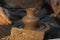 Pottery. Hands of a potter who makes a jug of clay.Craft