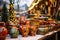 pottery stall with christmas-themed ceramics