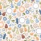 Pottery vector flat seamless pattern. Modern ceramics, plates, cups, vases, mugs. Kitchen utensil, tableware.