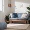 Pouf on blue carpet in bright living room interior with grey chair and settee against the wall with gallery