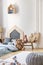 Pouf, carpet, toys and bed with blue bedding in stylish little boy`s bedroom, real photo