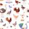 Poultry birds vector cartoon seamless pattern, different farm birds hen goose, duck, peacock, pheasant ostrich turkey