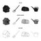 Poultry house, pitchfork, greenhouse, watering can.Farm set collection icons in black,monochrome,outline style vector