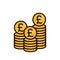 pound coins stack black line vector illustration, icon flat finance heap, golden money standing on stacked