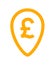 Pound currency symbol in pin point for icon, pound money icon orange, pound money symbol in pointer pin, pound currency coin for