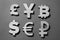 Pound, yen, dollar, ruble and bitcoin icons