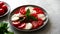 pour olive oil on caprese salad with mozzarella, tomatoes and basil. Classic caprese salad. Italian caprese. Traditional