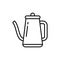 Pour over coffee kettle. Linear icon of punch pot with long nose. Black simple illustration of hand teapot for barista.