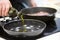 Pour vegetable oil on a frying pan