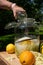 Pour the vodka into the big preserving jar with the fresh elderflowers, oranges and lemon slices, sugar and the vanilla pod