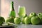 Poured green apple sparkling juice, apples, product shot AI generated