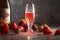 Poured strawberries sparkling juice, strawberries, product shot, studio front shot