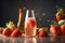Poured strawberries sparkling juice, strawberries, product shot, studio front shot