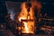 Pouring bright liquid iron or metal with sparks into container in steel mill or workshop blast furnace foundry. Metal