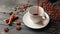 Pouring homemade coffee into a cup. Coffee beans, cinnamon sticks and a crumb on a wooden table.