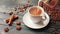 Pouring milk into a homemade coffee cup. Coffee beans, cinnamon sticks and a crumb on a wooden table.