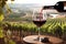 pouring red wine into glass with vineyard view